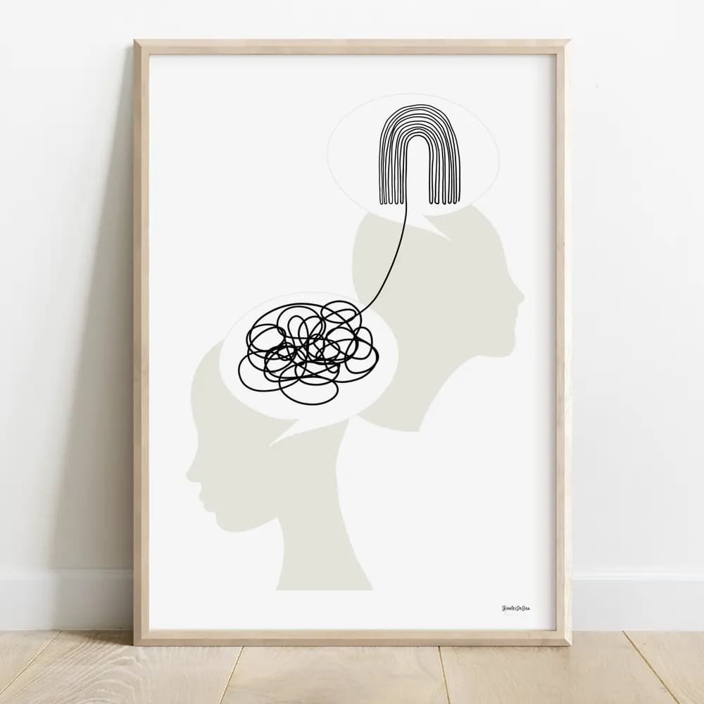Dessin de deux silhouettes pour les bienfaits de la psychologie composé de deux bulles contenant un fil emmêlé d'un coté et organisé de l'autre