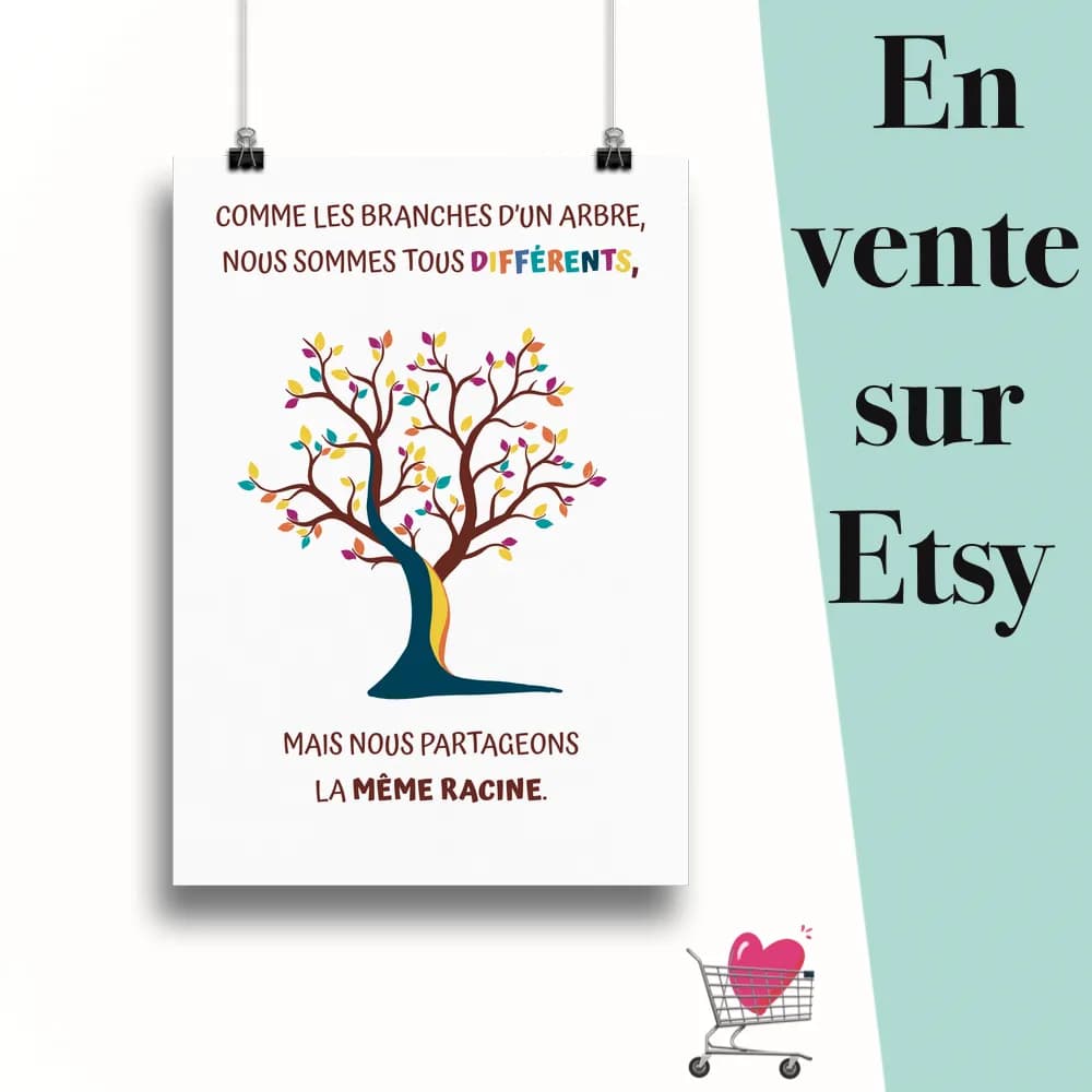 Affiche "Arbre de diversité" suspendu par des pinces avec le message en vente sur Etsy