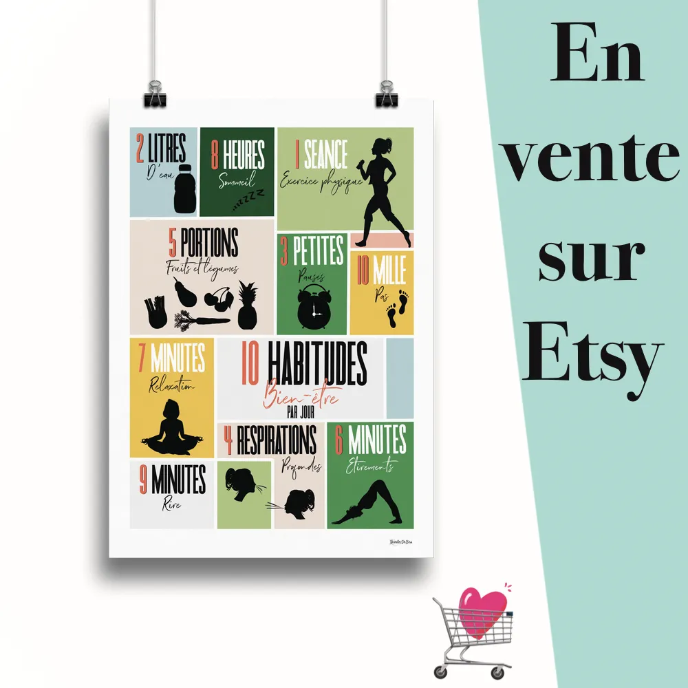 Affiche "Dix habitudes bien-être" suspendu par des pinces avec le message en vente sur Etsy