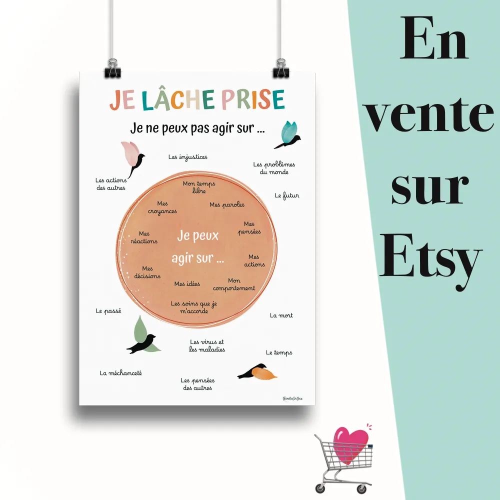Affiche "Je lâche prise" suspendu par des pinces avec le message en vente sur Etsy