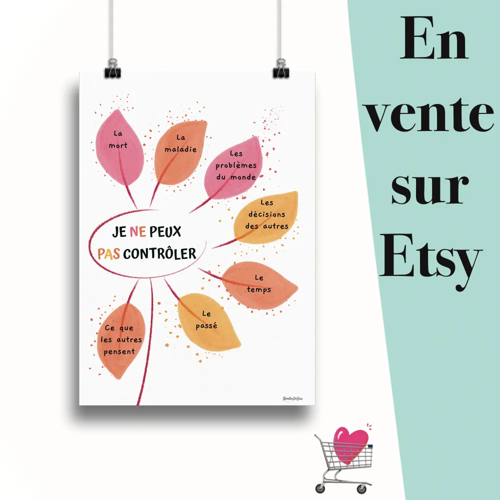 Affiche "Je ne contrôle pas couleur aquarelle" suspendu par des pinces avec le message en vente sur Etsy