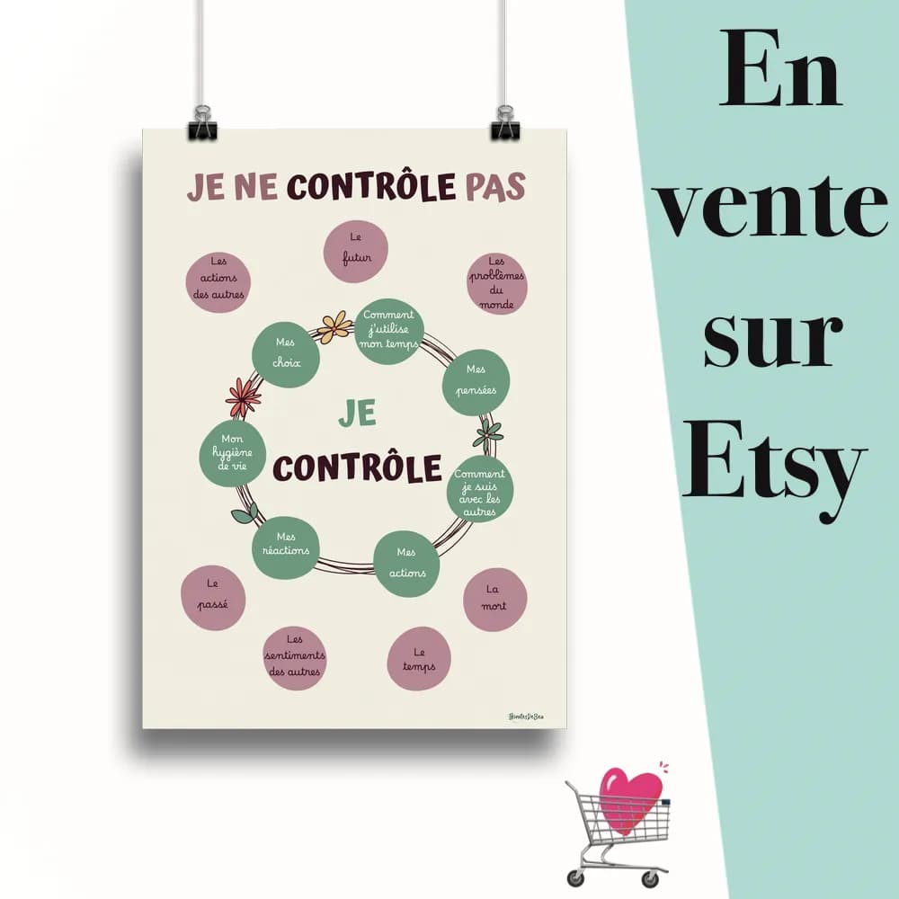 Affiche "Je ne contrôle pas pastel" suspendu par des pinces avec le message en vente sur Etsy