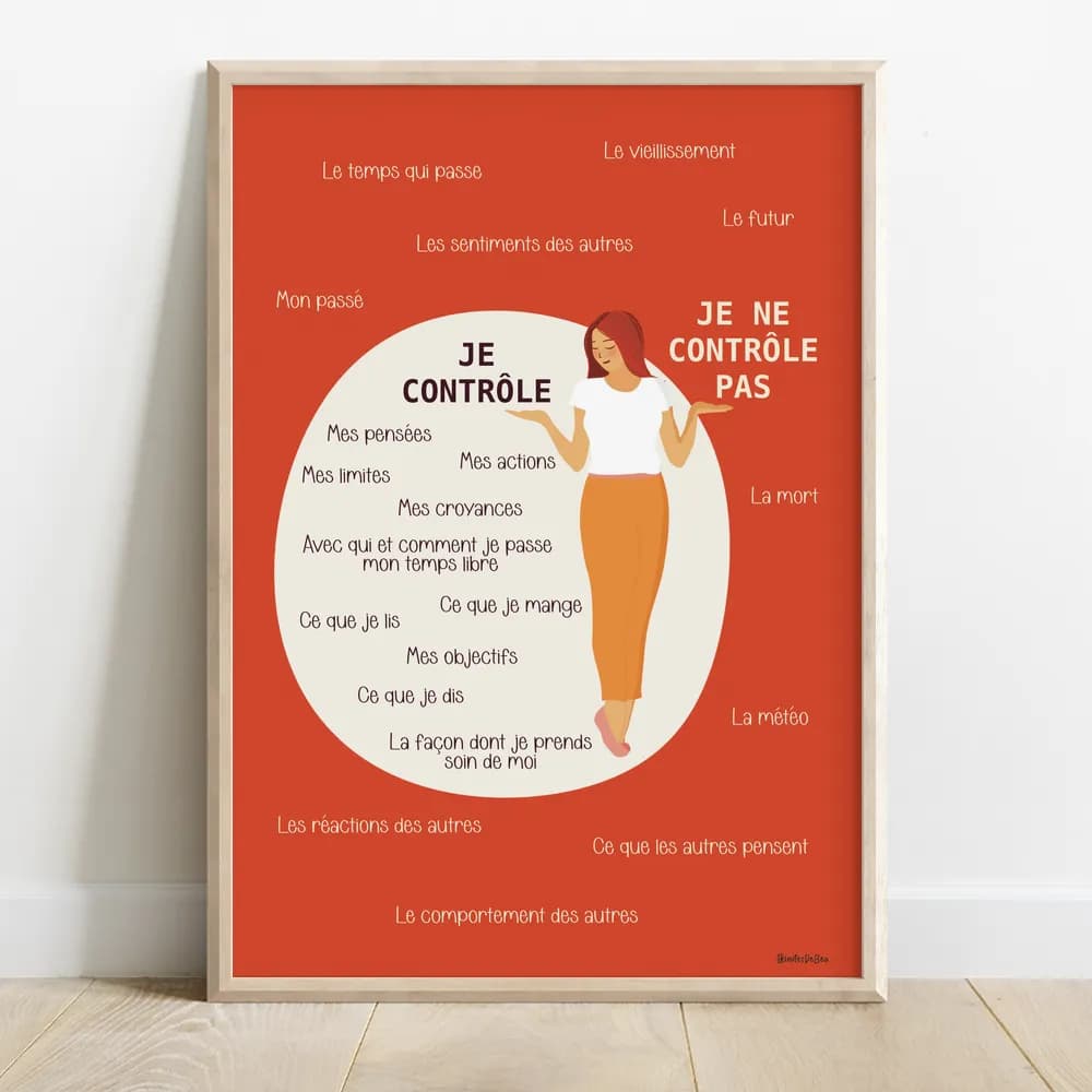 Dessin d'une femme sur fond rouge avec un cercle blanc au centre qui montre avec ses mains comme une balance deux titres