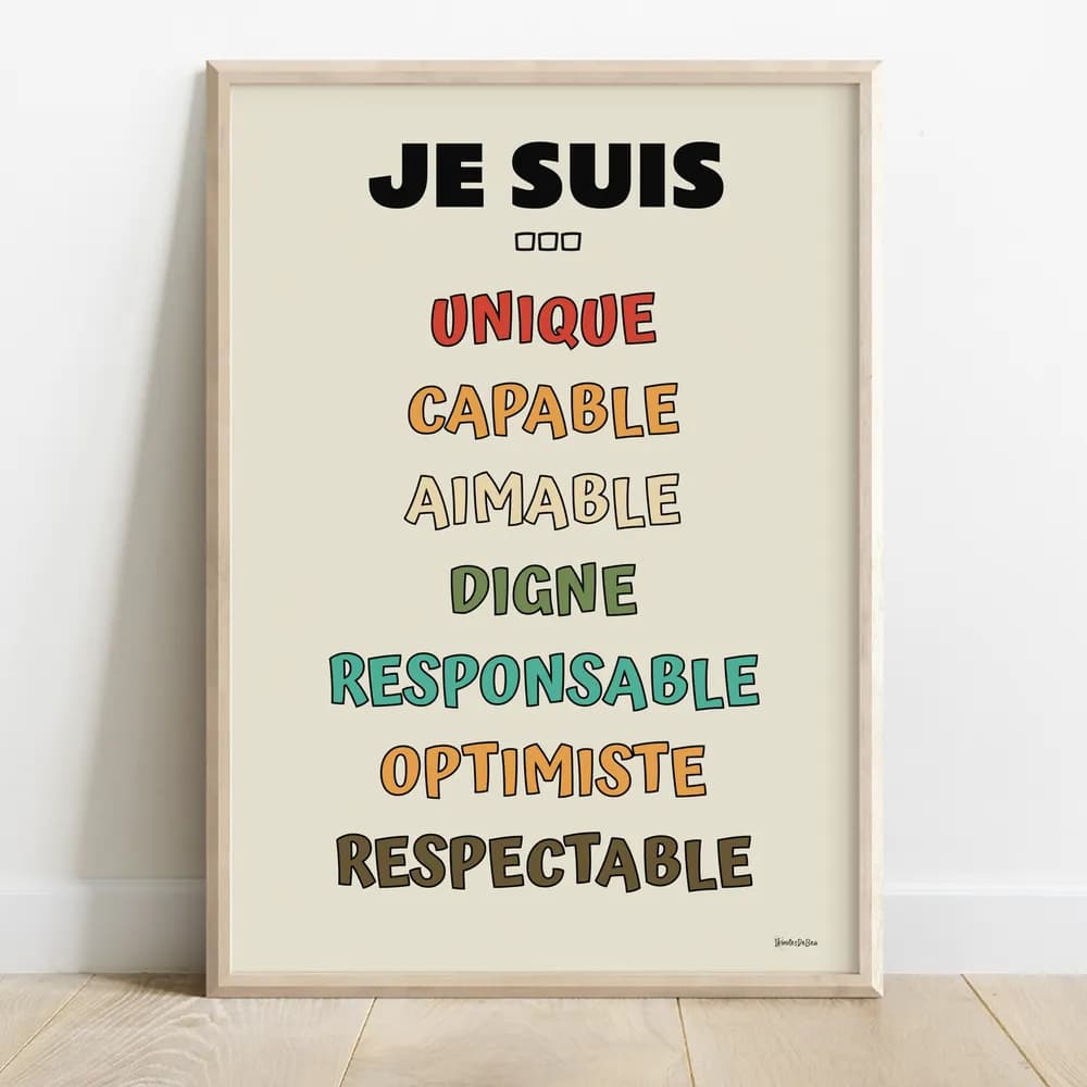 Affiche composé de texte coloré qui énumère des affirmations positive pour enfants