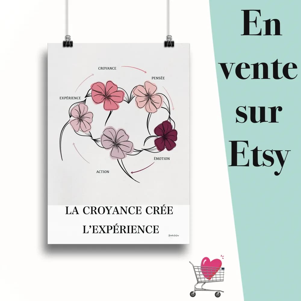 Affiche "La croyance crée l'expérience" suspendu par des pinces avec le message en vente sur Etsy