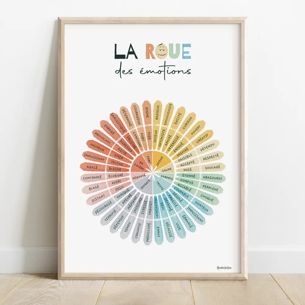 Roue des émotions en dégradé de couleurs avec des sentiments allant de la colère et peur à la joie, calme et surprise.