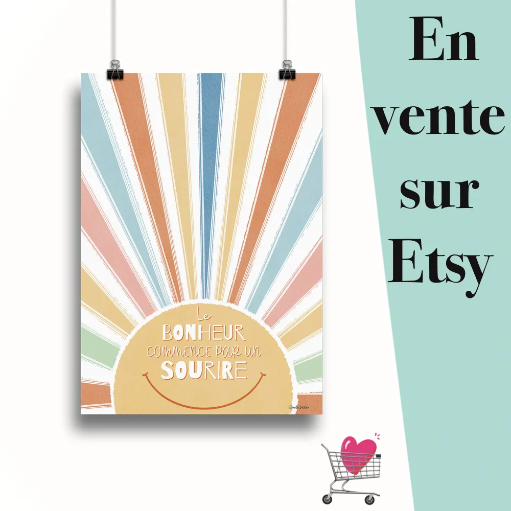 Affiche "Le bonheur commence par un sourire" suspendu par des pinces avec le message en vente sur Etsy