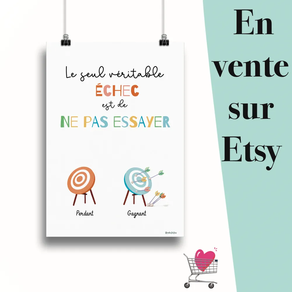 Affiche "Le seul véritable échec" suspendu par des pinces avec le message en vente sur Etsy