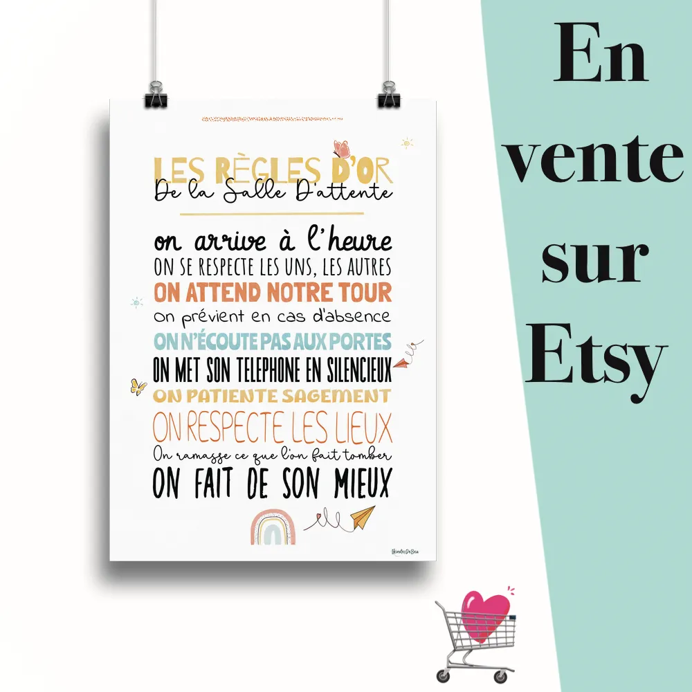 Affiche "Les règles d'or de la salle d'attente" suspendu par des pinces avec le message en vente sur Etsy