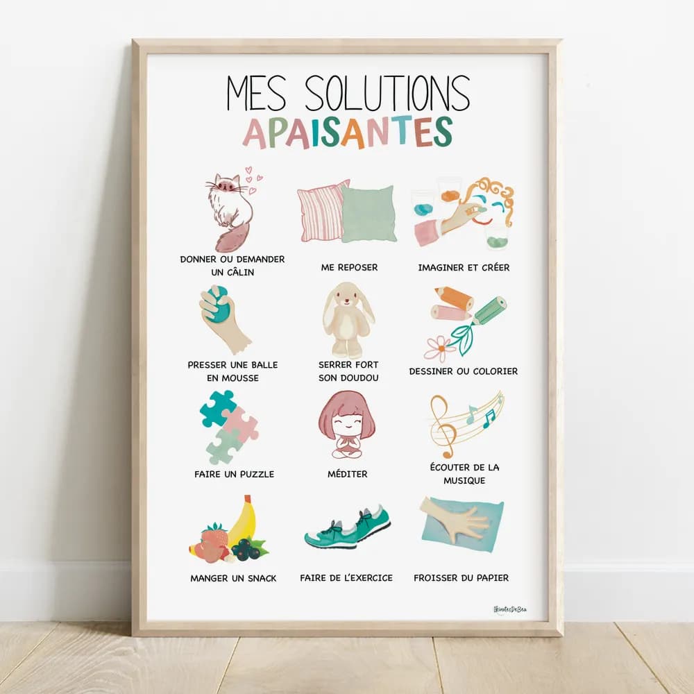 Douze dessins mignons, à la craie grasse, de solutions apaisantes pour enfant