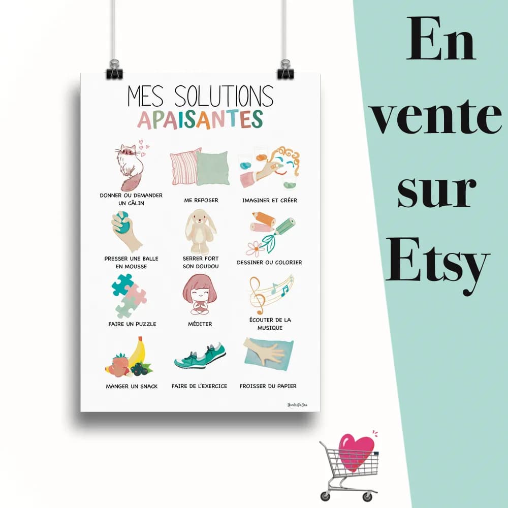 Affiche "Mes solutions apaisantes" suspendu par des pinces avec le message en vente sur Etsy
