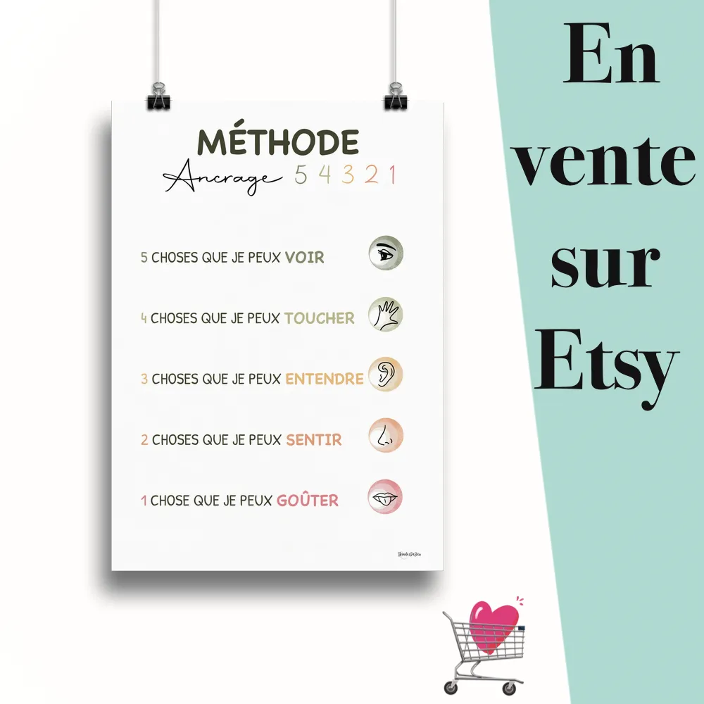 Affiche "Methode d'ancrage 5 4 3 2 1 minimaliste sunshine" suspendu par des pinces avec le message en vente sur Etsy