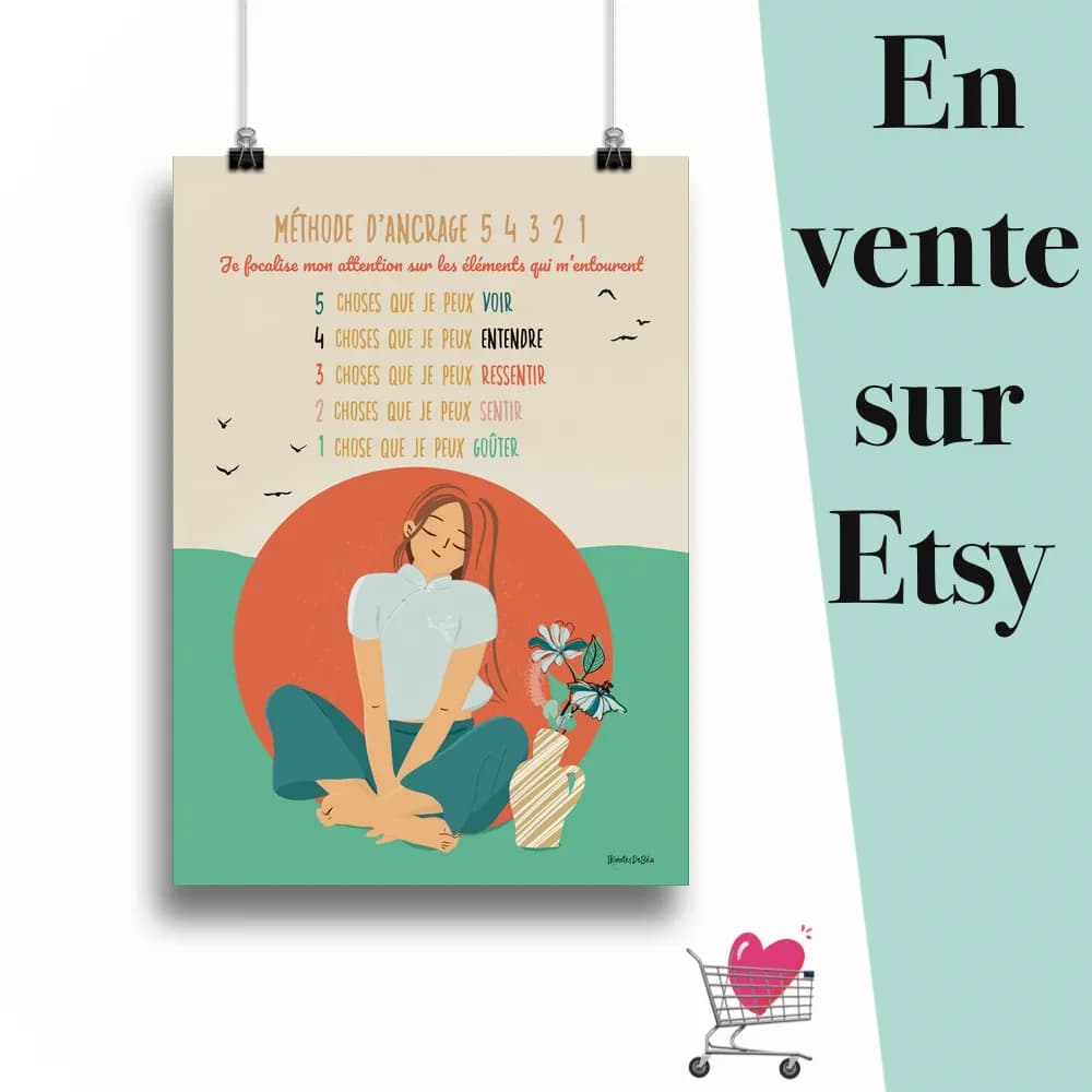 Affiche "Methode d'ancrage 5-4-3-2-1" suspendu par des pinces avec le message en vente sur Etsy