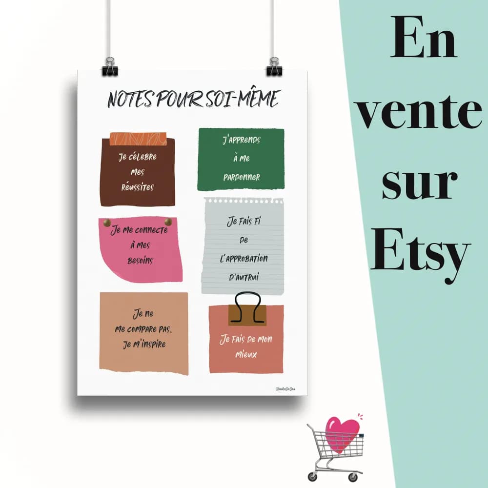 Affiche "Notes pour soi même" suspendu par des pinces avec le message en vente sur Etsy