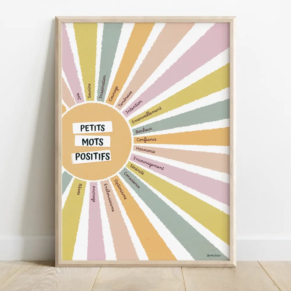 Dessin d'un soleil aux couleurs aquarelle dont chaque rayon coloré contient un mot positif.