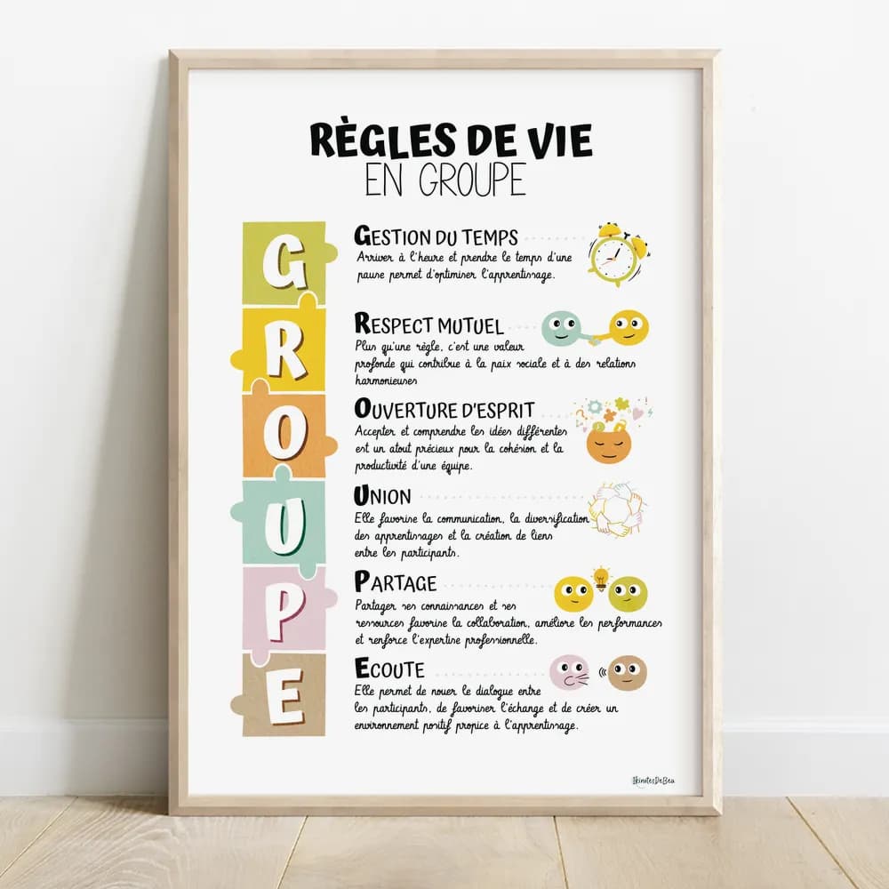 Infographie dont les lettres principales du mot "GROUPE" sont dessinées dans des pièces de puzzle et accompagnées d'un petit dessin ludique