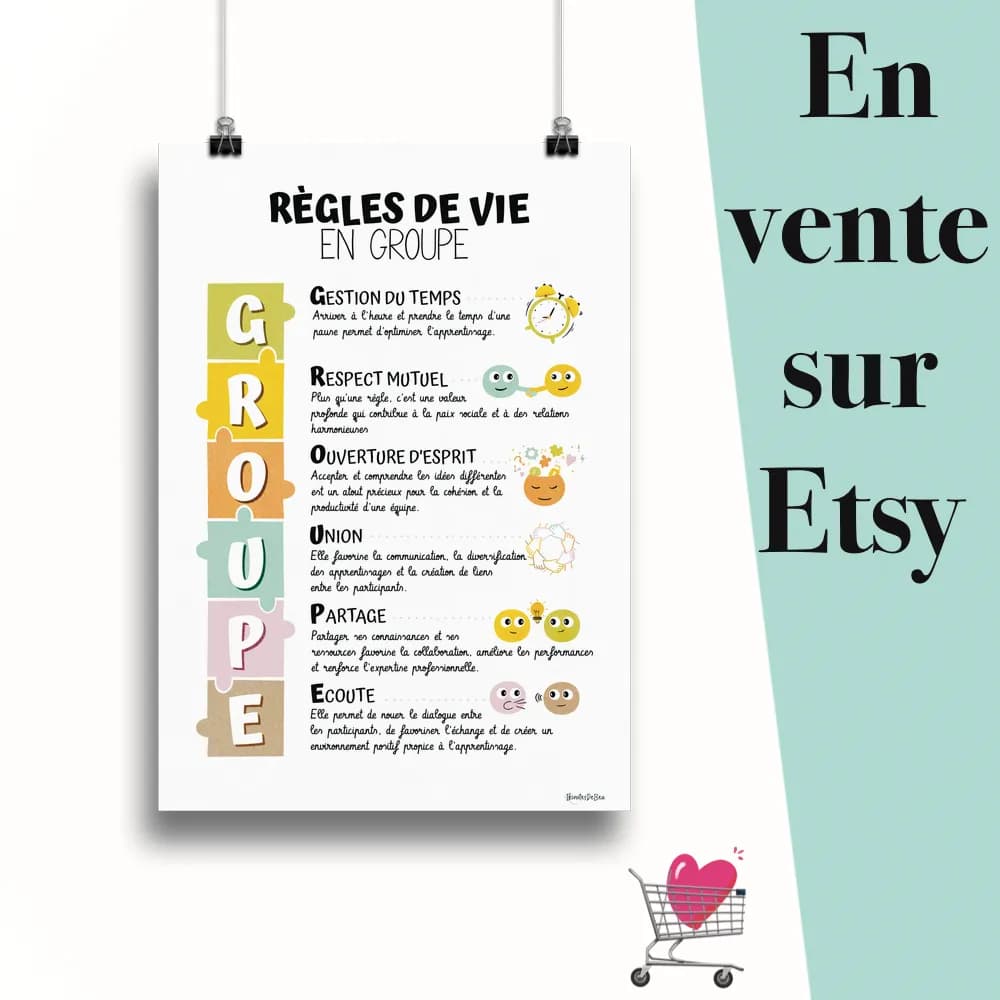 Affiche "Règles de vie en groupe" suspendu par des pinces avec le message en vente sur Etsy