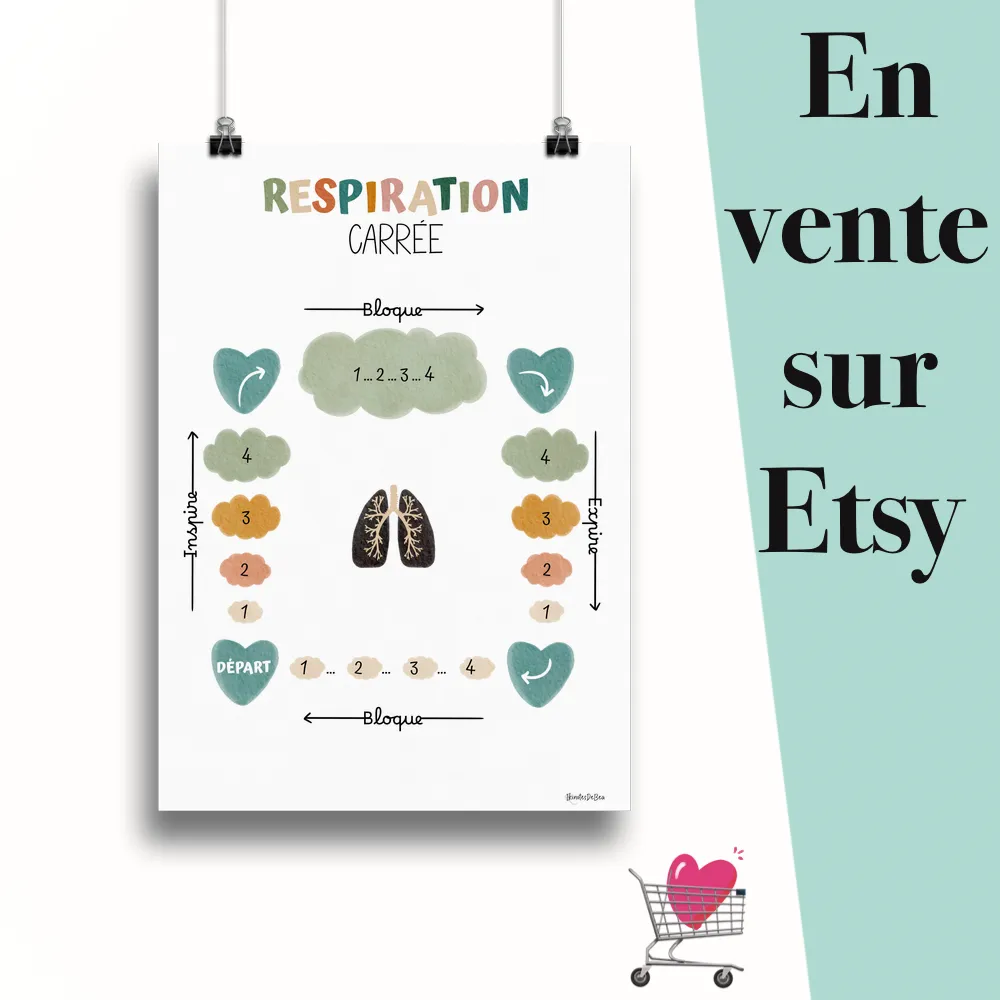 Affiche "Respiration carrée couleur aqua boho" suspendu par des pinces avec le message en vente sur Etsy
