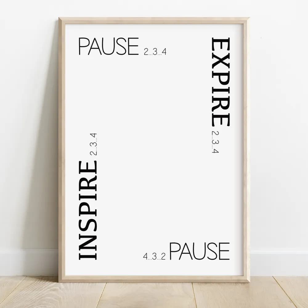 Affiche minimaliste composé de 4 textes sur chaque bord de la page chacun correspondant à une étape de la respiration carrée