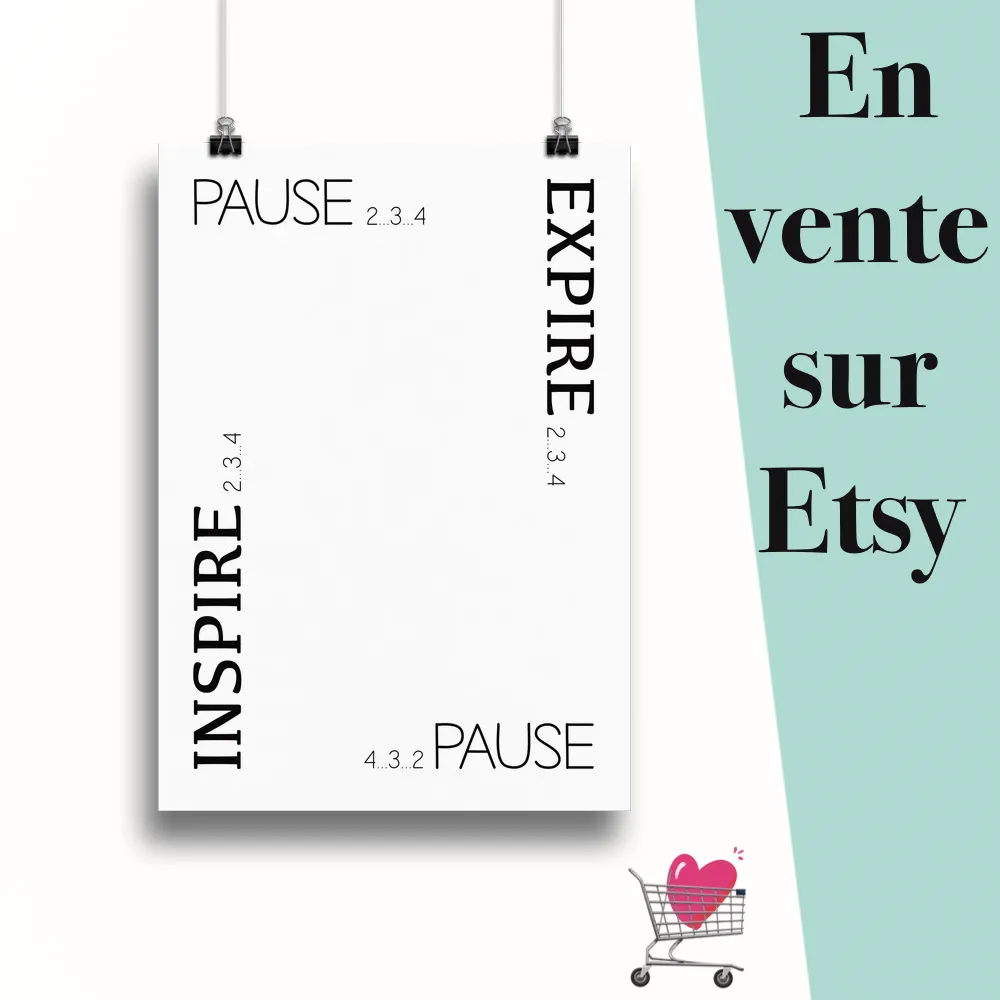 Affiche "Respiration carrée minimaliste noir" suspendu par des pinces avec le message en vente sur Etsy