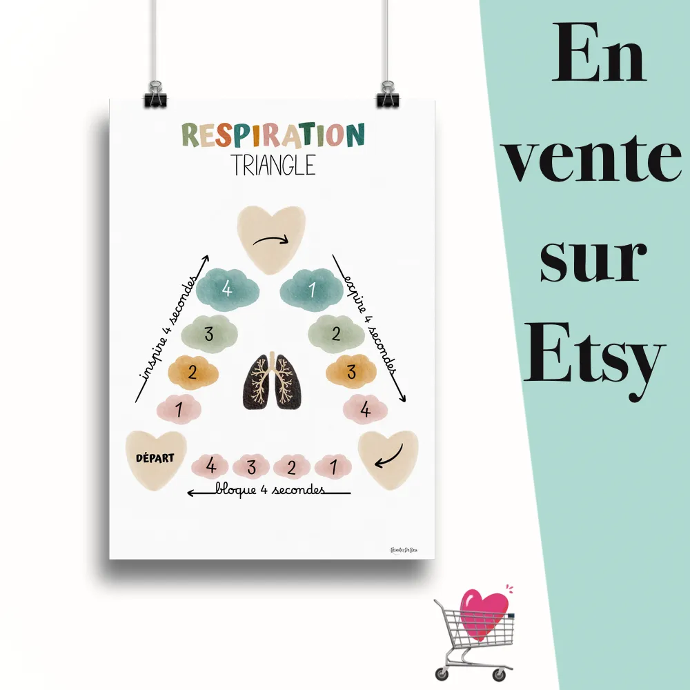 Affiche "Respiration triangle aqua boho" suspendu par des pinces avec le message en vente sur Etsy