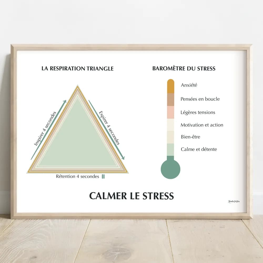 Dessin d'un triangle à gauche avec du texte pour guider la respiration et un thermomètre à droite gradué avec des niveaux de stress
