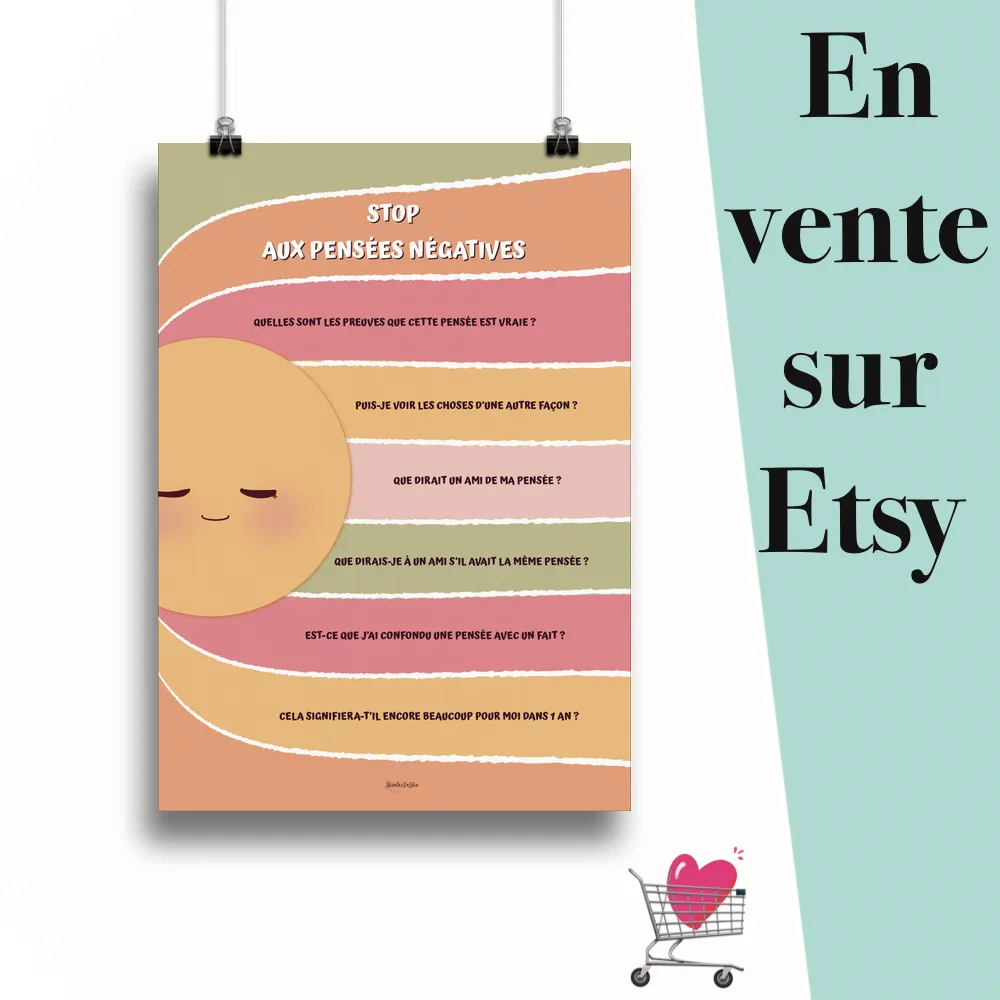 Affiche "Stop aux pensées négatives sunshine" suspendu par des pinces avec le message en vente sur Etsy