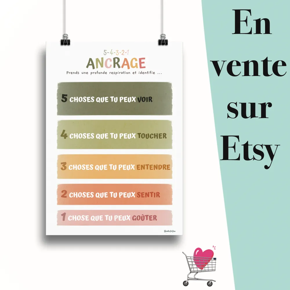 Affiche "Technique d'ancrage 5-4-3-2-1 minimaliste sunshine" suspendu par des pinces avec le message en vente sur Etsy
