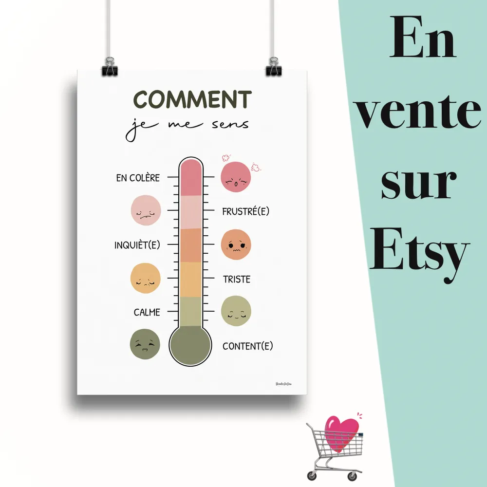 Affiche "Thermometre des emotions sunshine" suspendu par des pinces avec le message en vente sur Etsy