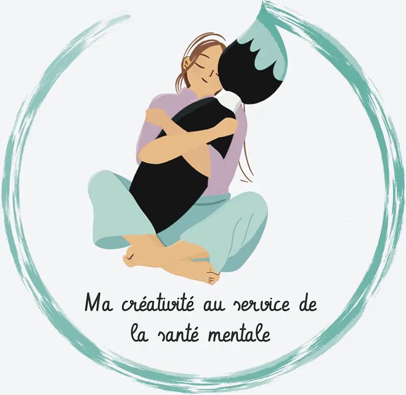 Spécialité de Béatrice Dessin d'une fille qui serre dans ses bras un pinceau qui semble dessiner un cercle de peinture vert autour d'elle