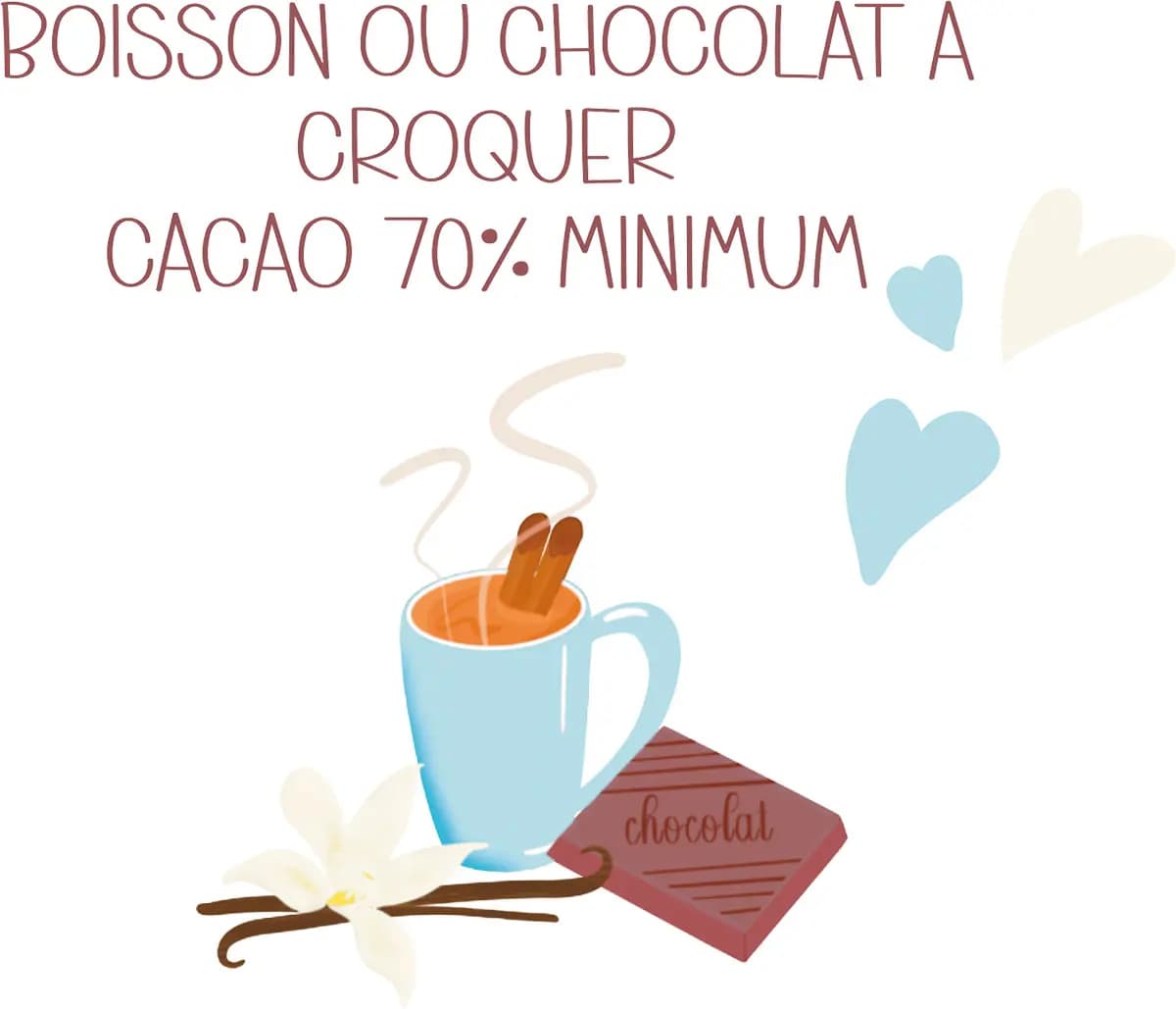 Boisson ou chocolat à croquer 70% cacao Dessin d'une tasse de chocolat chaud, d'un gousse de vanille et d'un carreau de chocolat noir