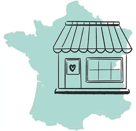 Atelier en France Dessin d'une boutique avec en fond une carte de France