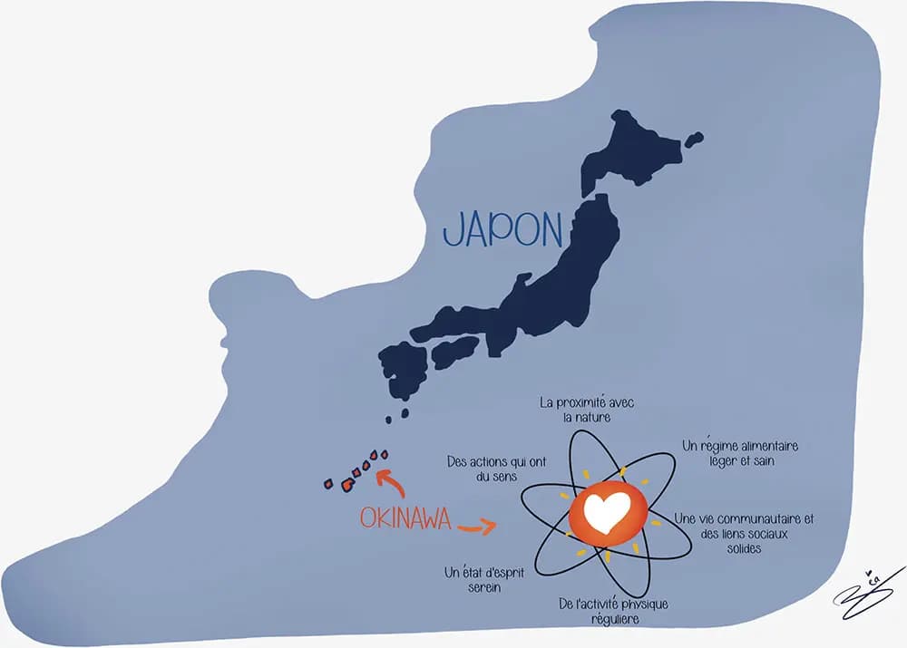 Carte japon okinawa origine ikigai dessin à la main d'une carte du japon montrant Okinawa comme origine de l'Ikigai