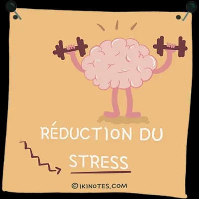 Réduction du stress Dessin d'un cerveau qui soulève des haltères sur un post-it orange tenu par des épingles