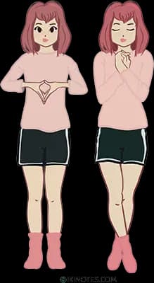 Les contacts croisés Dessin d'une jeune fille en short noir et pull rose qui montre les mouvement de contacts croisés