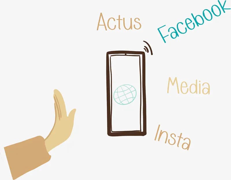 Distance media réseaux sociaux Dessin d'une main qui indique stop aux réseaux sociaux et à l'actualité, représentés par un téléphone mobile, le symbole d'internet et des médias.