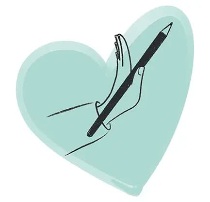Illustrations uniques Dessin minimaliste d'une main qui tient un crayon avec en fond un coeur