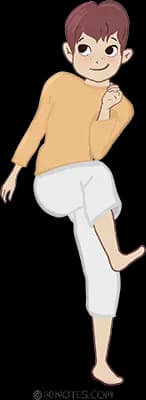 Mouvements croises Dessin d'un enfant en pantalon blanc et pull orange qui touche son genou droit avec son coude gauche