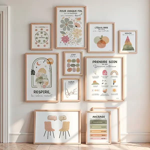 Composition murale affiches mur blanc Mur blanc rempli d'illustrations encadrées thérapeutiques dans le même thème de couleur