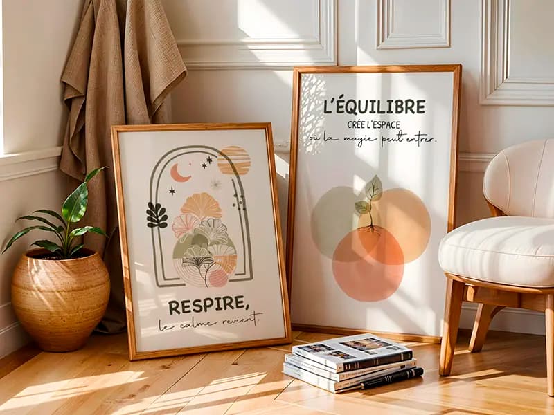 Duo affiches salle attente équilibre, respire Duo d'affiches posées au sol dans un coin d'une salle d'attente