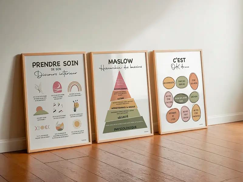 Trois affiches encadrées au sol mur Trois affiches encadrées posées sur un parquet et contre le mur