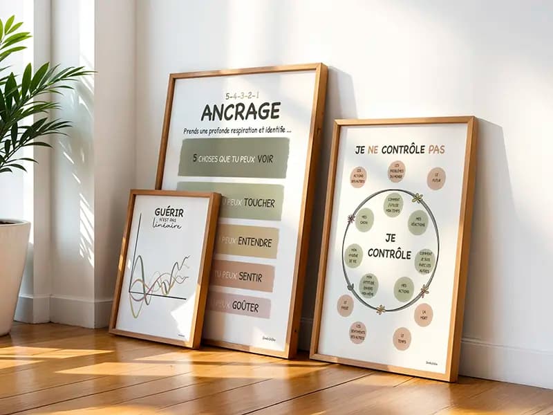 Trois affiches salle attente contre mur Trois affiches posées au sol dans un coin d'une salle attente