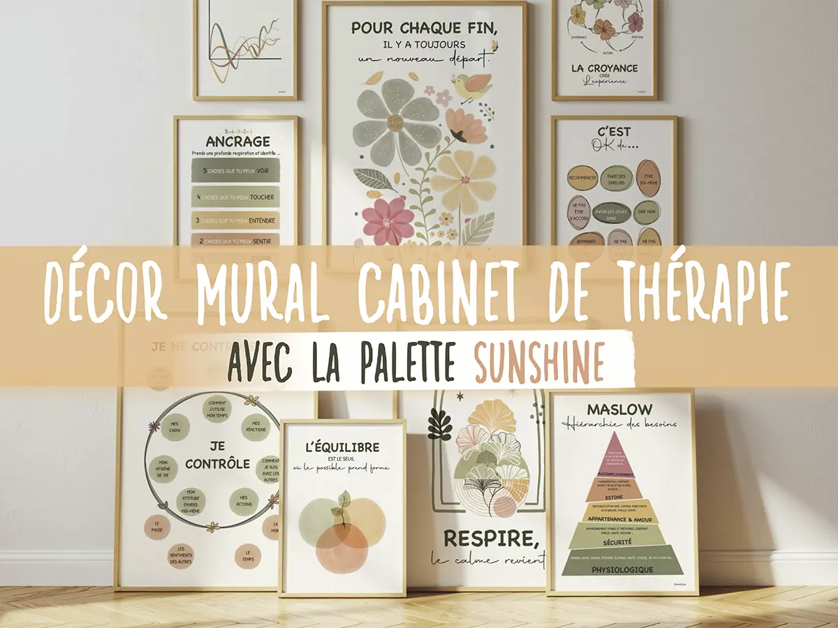 Decor mural cabinet de thérapie avec la palette Sunshine Mur blanc avec affiches décoratives encadrées pour cabinet de thérapie