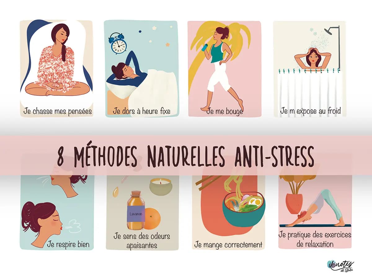 Méthodes naturelles anti stress Infographie montrant huit méthodes simples et naturelles pour lutter contre le stress