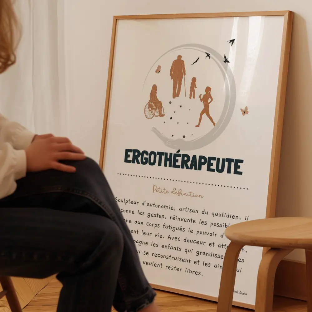 Ergothérapeute Photo d'une grande affiche de définition du métier d'ergothérapeute encadrée et posée au sol dans une salle d'attente