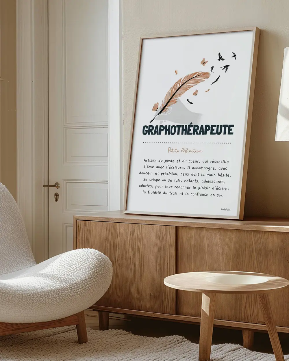 Graphothérapeute Photo d'un bureau avec fauteuil confortable et une grande illustration de graphothérapeute encadrée posé sur un meuble