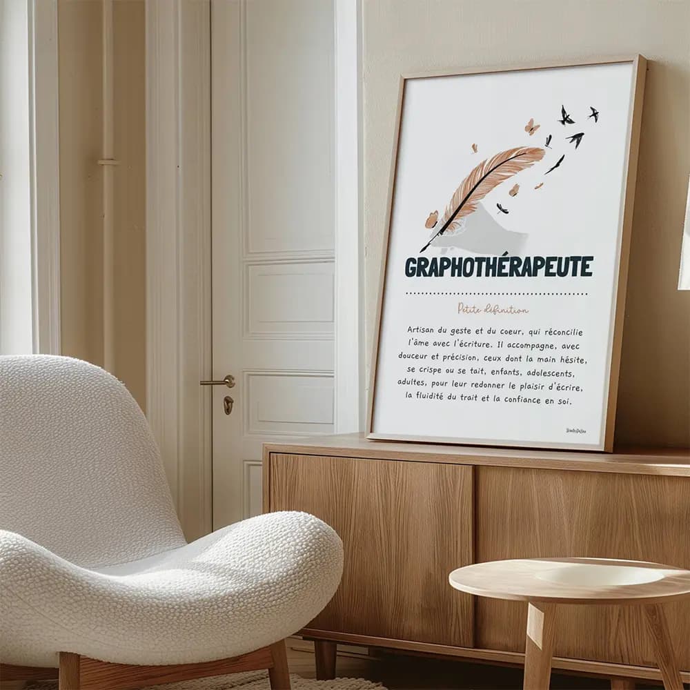Graphothérapeute Photo d'un bureau avec fauteuil confortable et une grande illustration de graphothérapeute encadrée posé sur un meuble