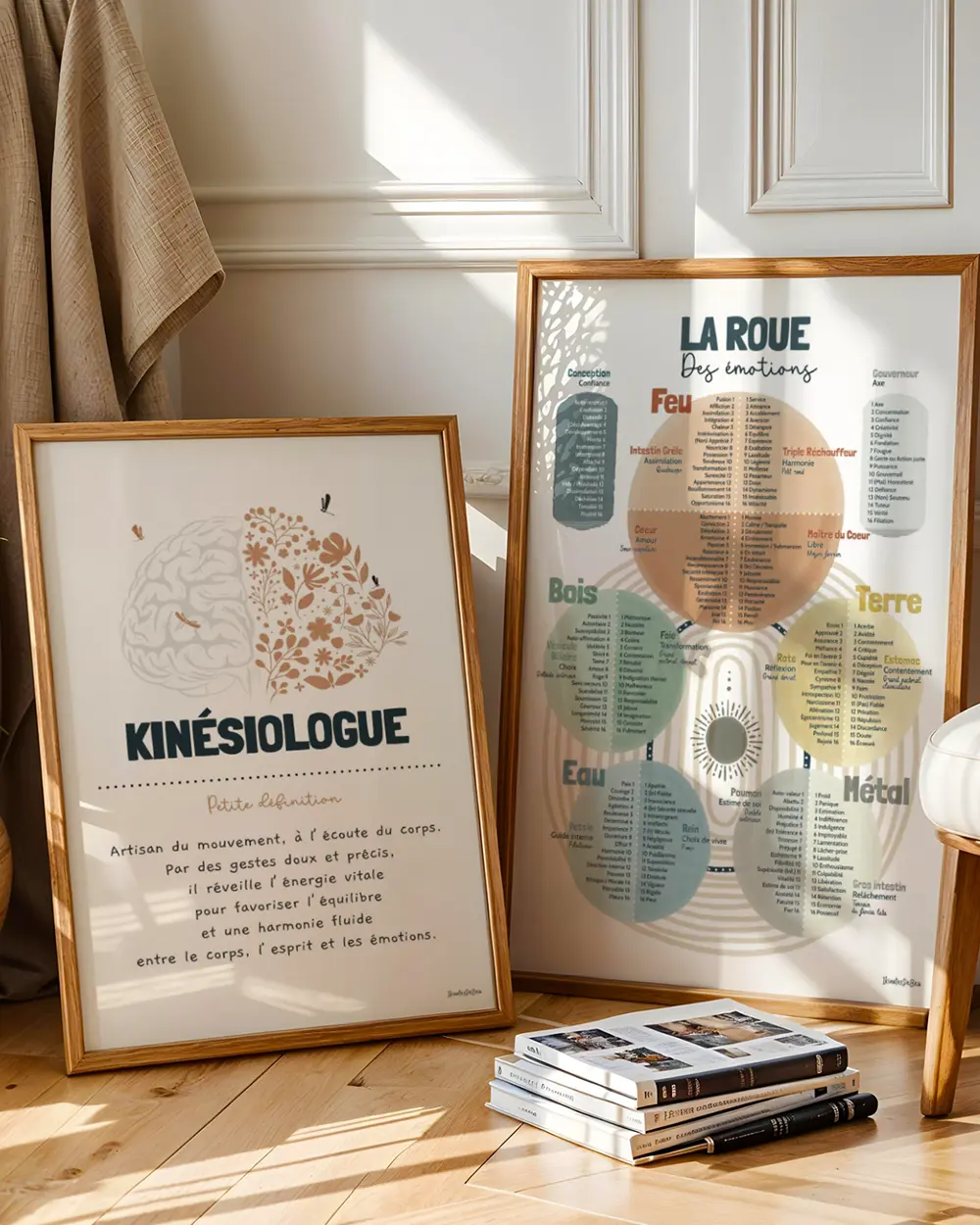 Kinésiologue Deux posters encadrés avec des illustrations en lien avec la kinésiologie dans une salle de kinésiologue