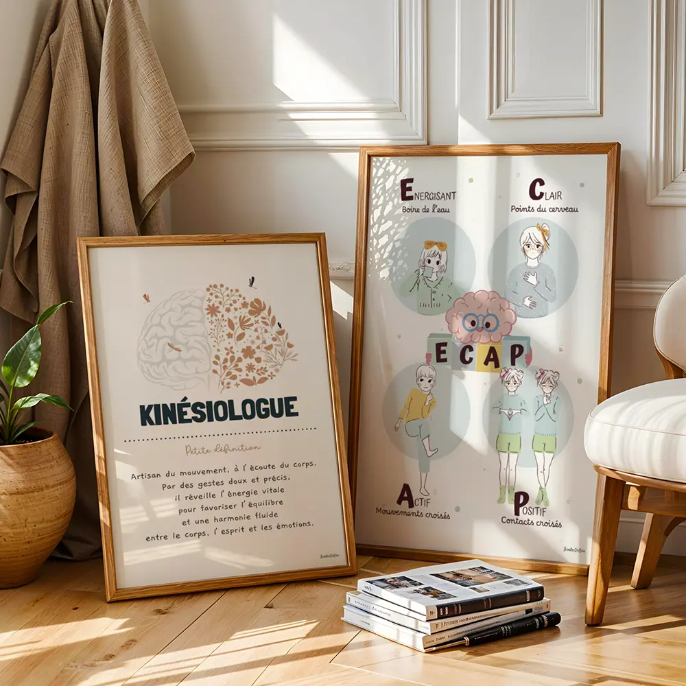 Kinésiologue Deux posters encadrés avec des illustrations en lien avec la kinésiologie dans une salle de kinésiologue