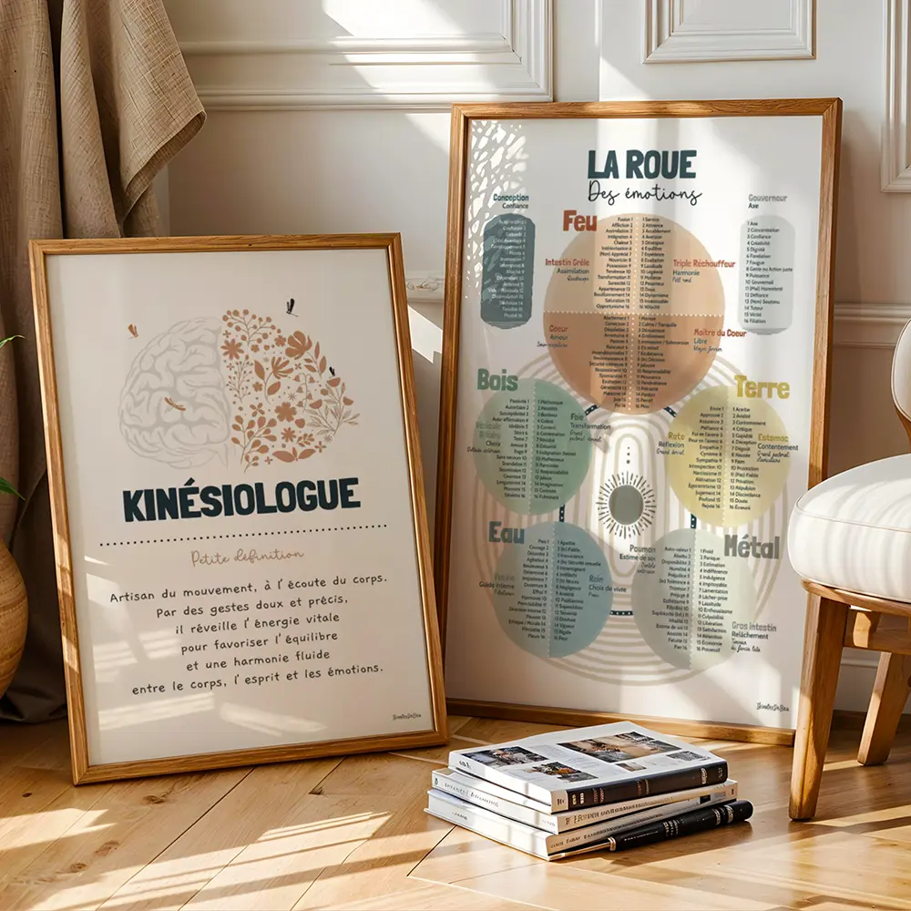 Kinésiologue Deux posters encadrés avec des illustrations en lien avec la kinésiologie dans une salle de kinésiologue